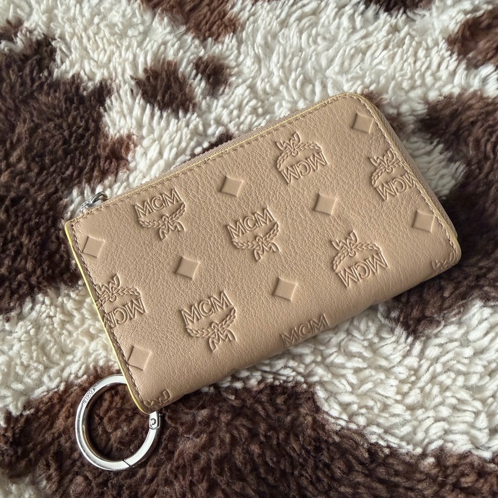 MCM Beige Leather Zip Card Wallet Keychain